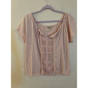 Democracy Women's XL Pink Cotton V-Neck Crochet Tasseled Cap Sleeve Peasant Top‎